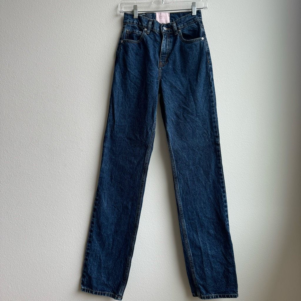 Revice Dark Solid Blue Wash High Rise Straight Leg Jeans Size 25 Made In Mexico